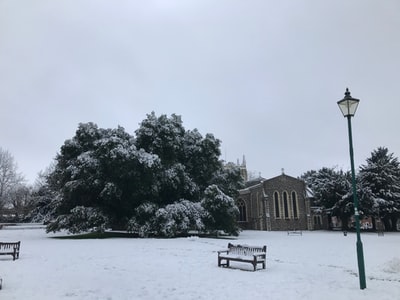 门柱附近有雪的长凳